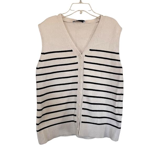 Zara Cream Black Striped Knit Sleeveless Cardigan Sweater Vest Size Small - Picture 1 of 6